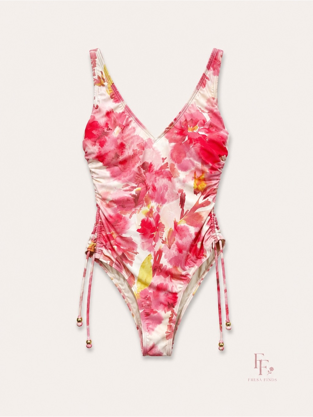 Shade & Shore Pink Floral Ruched V-Neck One Piece Swimsuit Size Small 4-6